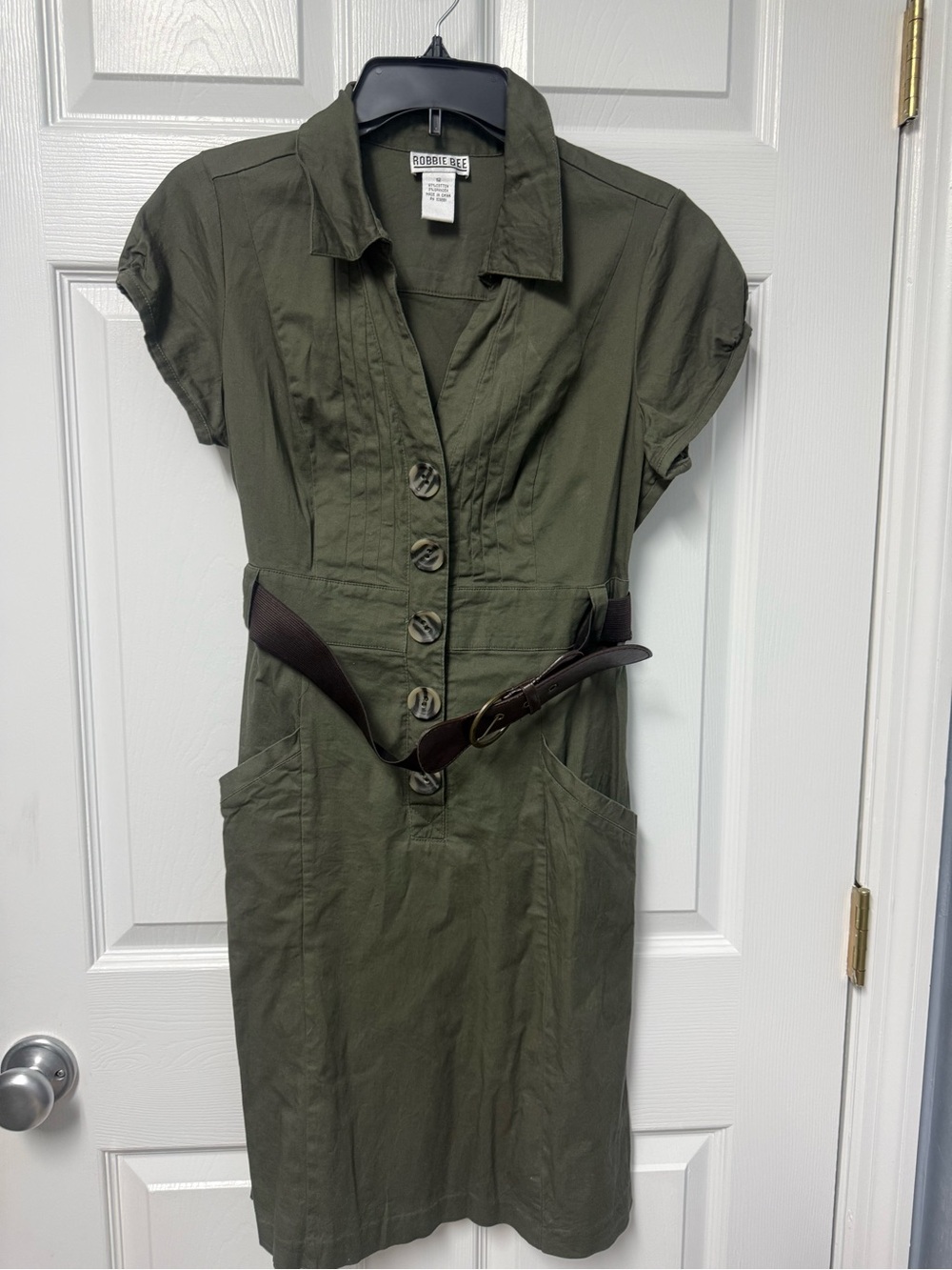 Robbie Bee Olive Green Short-Sleeve Shirt Dress with Brown Belt